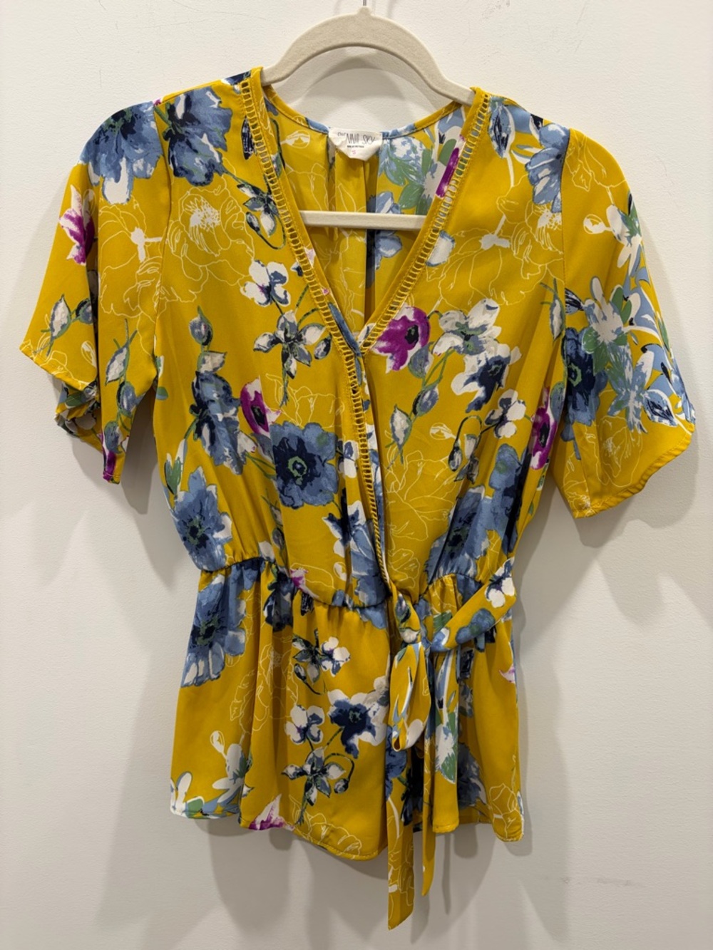 Sienna Sky Yellow Floral Wrap Elastic Waist Blouse with Ladder Trim